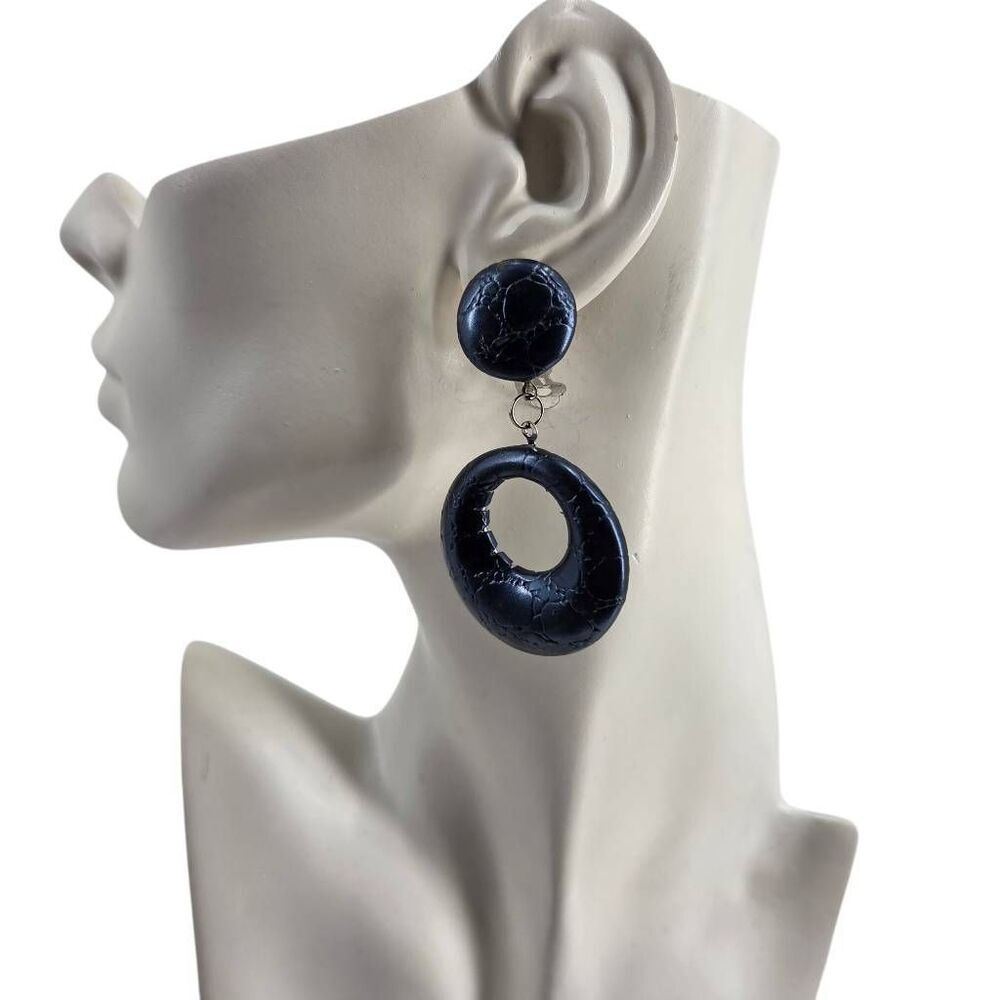 Vintage Navy Faux Leather Drop Clip-On Earrings | Textured Statement Dangles